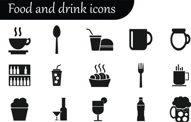 Modern Food and Drink Icon Set with Fast Food, Coffee, Desserts, and Beverages for Restaurant and Cafe Design