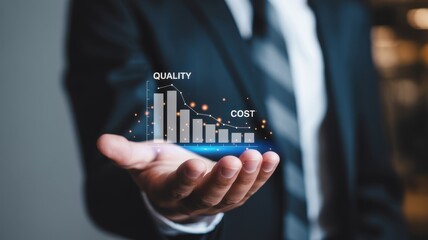 A businessman holding a virtual graph showing the relationship between quality and cost, representing business strategy and planning