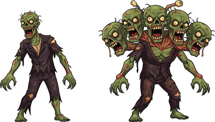 PrintScary zombie monster illustration, horror undead creature, multiple heads mutant zombie design, Halloween character artwork, spooky walking dead cartoon style