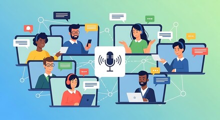 Online Meeting Communication Diverse Participants on Laptops with Audio Icon, Digital Networking