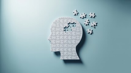 Human head silhouette made of jigsaw puzzle pieces on blue background, symbolizing memory loss, dementia, or cognitive decline concept