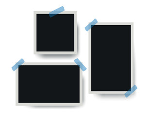 Pictures or photos frame collage. Empty retro photo frames with ribbon. Vintage templates for scrapbook or memory album. Realistic vector illustration on white background.
