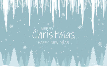 Snowy winter forest with beautiful icicles in the background. Winter forest landscape for background. Vector illustration of winter nature for Christmas design.