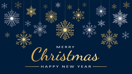 Beautiful blue Christmas background with stunning snowflakes for design. A dark blue Christmas background with gold and white snowflakes for your holiday design, vector illustration.