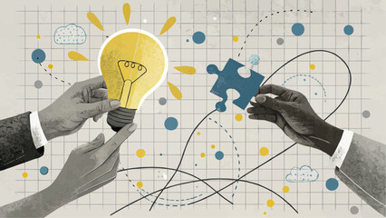 Illustration showing hands holding a lightbulb and puzzle piece on a grid background with circles