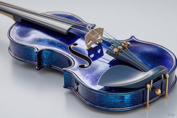 Obraz premium A close-up of a uniquely colored violin with blue and gold accents on a light grey surface