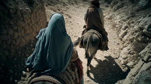 From Mary&rsquo;s gentle perspective, looking down at Joseph&rsquo;s steady back as he leads the donkey and at her own pregnant belly &mdash; a tender, sacred moment before Bethlehem.
