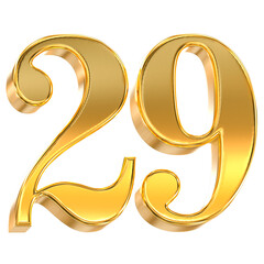 Luxurious golden 3D number twenty-nine with a glossy, reflective surface, perfect for celebrations and premium design.