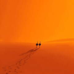 Fototapeta premium Silhouettes of Two Ostriches in a Desert at Dusk bird