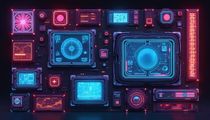 Fototapeta premium Editorial illustration of futuristic tech interface elements. Digital panels with neon light designs. Cyberpunk computer display with data, graphics. Retro style screens, device system with control