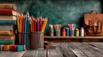 Back to School accessories concepts. School supplies such as pencils, pen, textbook, school bag and a green chalkboard.