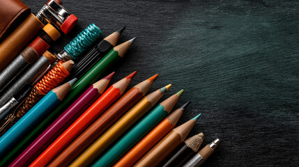 Back to School accessories concepts. School supplies such as pencils, pen, textbook, school bag and a green chalkboard.