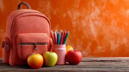 Back to School accessories concepts. School supplies such as pencils, pen, textbook, school bag and a green chalkboard.