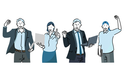 パソコンを持ってガッツポーズをする男女ービジネスパーソンービジネスチームのベクターイラスト素材