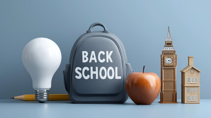 Back to School accessories concepts. School supplies such as pencils, pen, textbook, school bag and a green chalkboard.