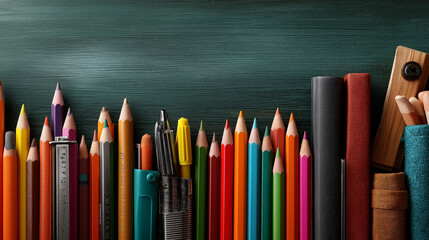 Back to School accessories concepts. School supplies such as pencils, pen, textbook, school bag and a green chalkboard.