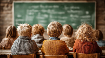 Back to School accessories concepts. The Students are seated in a classroom, facing the green chalkboard with their back turned toward the viewer.