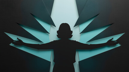 Silhouette of a person with arms outstretched against a backdrop of sharp, dark geometric shapes radiating light