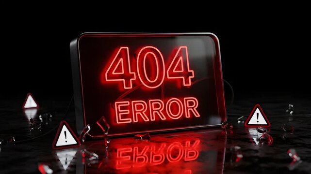 Glowing neon 404 error sign in the dark, reflecting on a wet surface with warning signs