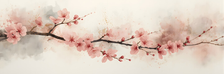 Delicate pink cherry blossoms on a branch with a soft, ethereal watercolor background
