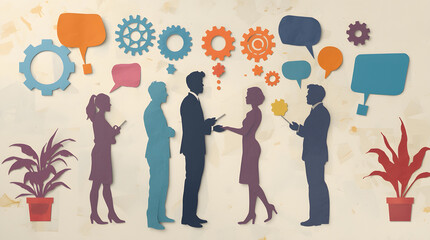 Silhouette of diverse business people in conversation with speech bubbles and gears above them, symbolizing teamwork and communication