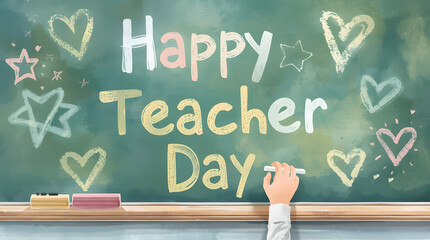 Happy teacher day written in chalk on a blackboard with hearts and stars, a hand is writing