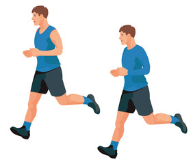 Slowly running man in profile during training in blue summer and winter sportswear, two isolated figures