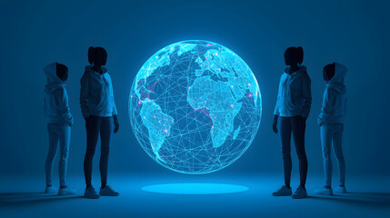 Diverse group of people in hoodies stand around a glowing digital globe, representing global connectivity and technology in a futuristic setting