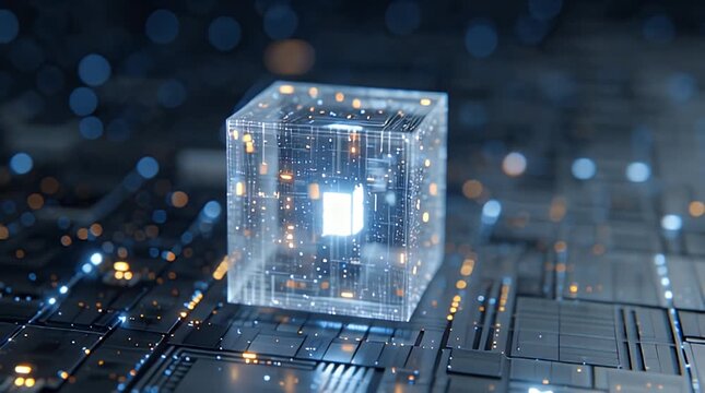 Digital data processing unit inside a glowing transparent cube on a futuristic microchip, visualizing artificial intelligence, quantum computing, and complex network systems