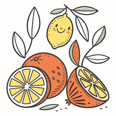 Hand drawn citrus fruits and leaves