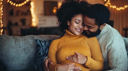 Husband hugs his pregnant wife while they share a loving moment in their cozy living room decorated with warm lights - Powered by Adobe