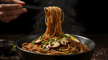 Closeup of steaming hot noodles being lifted with chopsticks from a dark bowl, garnished with mushrooms and egg, against a black background