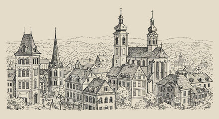 Detailed Sketch of a European Townscape with Churches and Buildings.