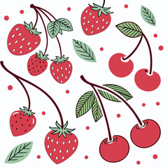 Fresh strawberries and cherries with leaves