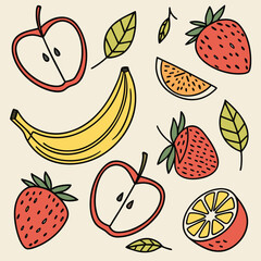 Illustration of various fruits including apple, banana, orange, and strawberry