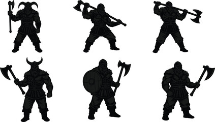 PrintViking warrior vector illustration set with horned helmet, axe, shield, beard, armor, battle stance, cartoon style, Norse fighter