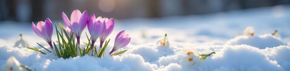 Naklejka premium Pale purple crocuses & white snowdrops emerge from thawing snowdrifts , landscape, spring