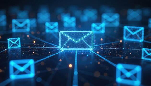 Digital email envelope icons glow in connected network. Blue lines, dots visualize data transfer across web. Represents online communication, messaging, global information exchange in modern tech