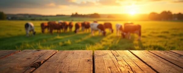 Wooden table at farm with cows graze in meadow during sunset time. Cattle eat grass on field. Horizon over pasture in scenic countryside. Sun rays shine at livestock animal.