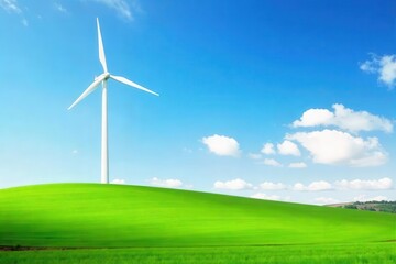Obraz premium A lush green field with a wind turbine generating clean energy under a bright blue sky, power generation, outdoors