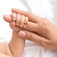 A tiny newborn baby's hand tightly holding onto a parent's finger, a tender and heartwarming moment symbolizing love, trust, and family bonding