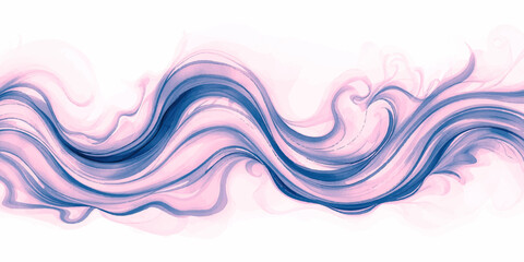 Abstract flowing ribbons of translucent fabric-like textures in soft blush pink and dark purple, weaving and intertwining across a bright canvas, evoking serenity and movement.