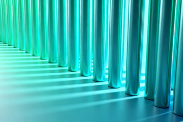 Rows of teal cylindrical columns in a modern structure