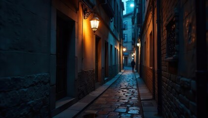 Naklejka premium Narrow, shadowy alley entrance; flickering streetlight , dark, brick