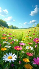 Obraz premium Vibrant meadow filled with colorful daisies under a clear blue sky Panoramic view of nature's beauty in spring and summer , daisies, wildflowers