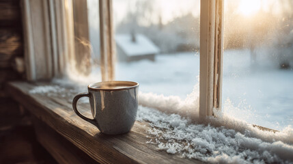 A deeply atmospheric, cozy winter scene featuring a steaming mug on a rough, snow-dusted wooden windowsill. The bright, low sunlight streams through the window, illuminating the frost and snow outside