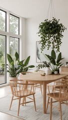 Fototapeta premium Interior of modern dining room with wooden table and green plants in pots.