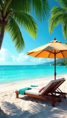 Fototapeta premium A tropical beach setting with lounge chairs, umbrella, towel, and palm trees, creating a relaxing summer vibe by the ocean , beach, peaceful