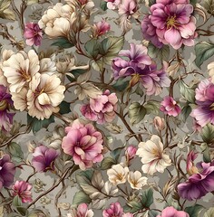 Fototapeta premium Floral gray vintage seamless pattern, small flowers and vines, light gray background,