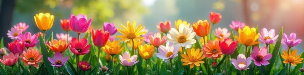 Obraz premium A vibrant display of blooming spring flowers in various colors Perfect for seasonal design projects and nature-themed graphics , botanical, nursery